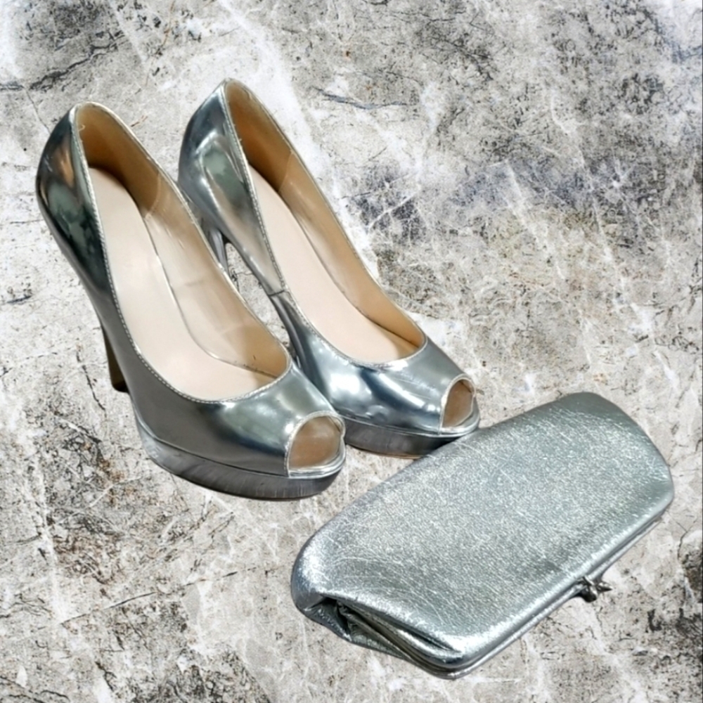 Le Chateau Silver Peep Toe Platform Heels and Clutch Purse